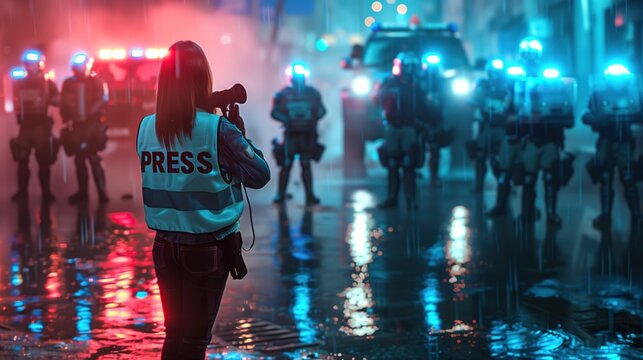 Back view of a press representative standing amidst flashing emergency lights and security forces. Concept of investigative journalism, public rights to information, and civil unrest.