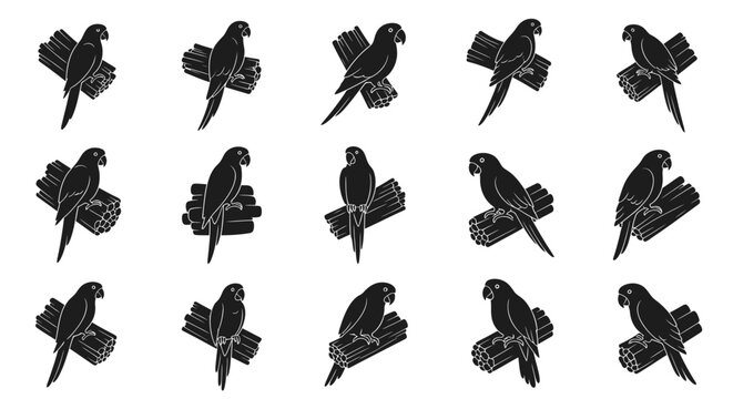 Set of black parrot silhouettes perched on wooden branches in various poses isolated on white background for design use
