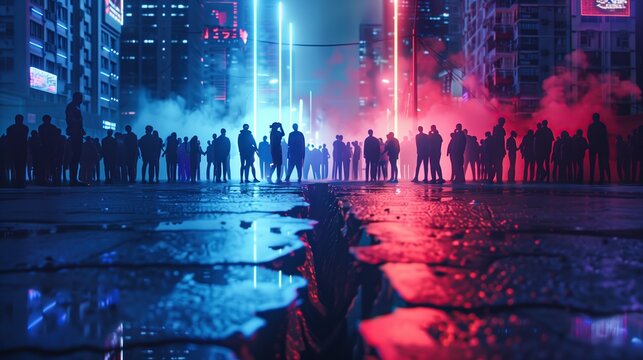 Two groups of silhouettes stand on opposite sides of a split road with blue and red neon lights. Concept of social divide, polarization, and futuristic conflict.