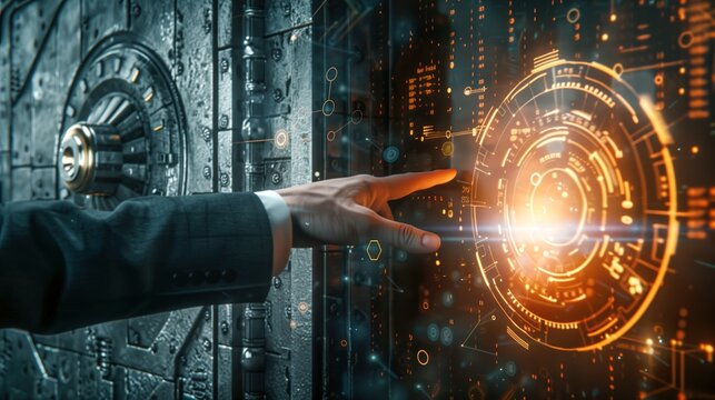 Symbolic image of a hand moving between a physical bank door and a virtual financial world. Concept of market shift, diversification of assets, and new economic opportunities.