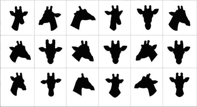 Collection of black giraffe head silhouettes in various poses on white background