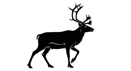 Black silhouette of a reindeer walking on a white background side view with large antlers and detailed fur texture symbolizing nature and wildlife © Pabitra