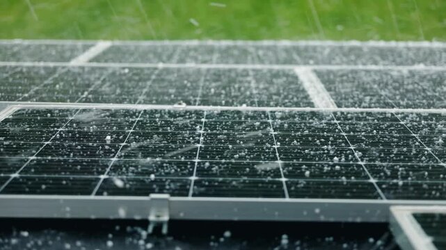 Hailstones falling on solar panels during a storm, close up view, renewable energy technology.