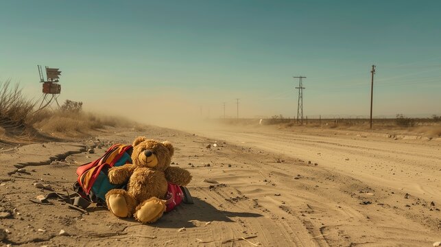 Colorful backpack and a toy in the middle of a harsh, dry landscape. Concept of inequality, child poverty, and the global crisis of displaced populations.