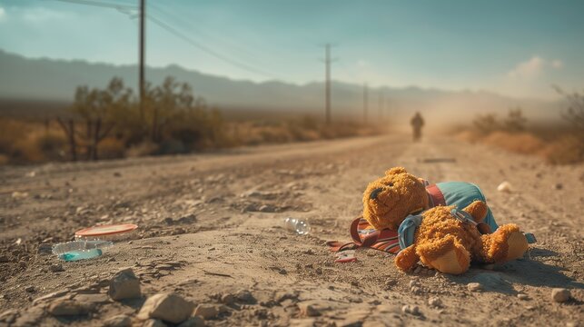 A close-up of a lonely teddy bear on a dusty road under a scorching sun. Concept of shattered dreams, failed journeys, and the high price of seeking a better life.