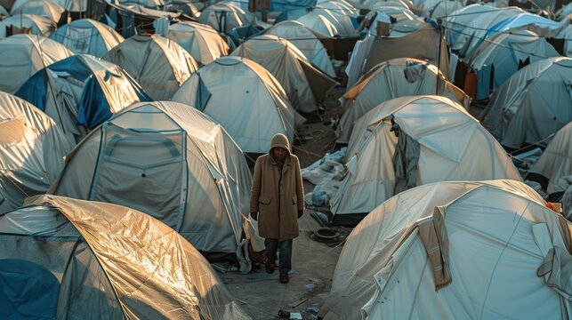 A cinematic wide shot of a temporary shelter camp under a cloudy sky. Concept of global migration crisis, displacement, and humanitarian emergency.
