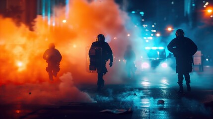 Fototapeta premium A moody, atmospheric wide shot of a dark metropolitan street illuminated by orange flames and blue police flashes, creating a dystopian feel.