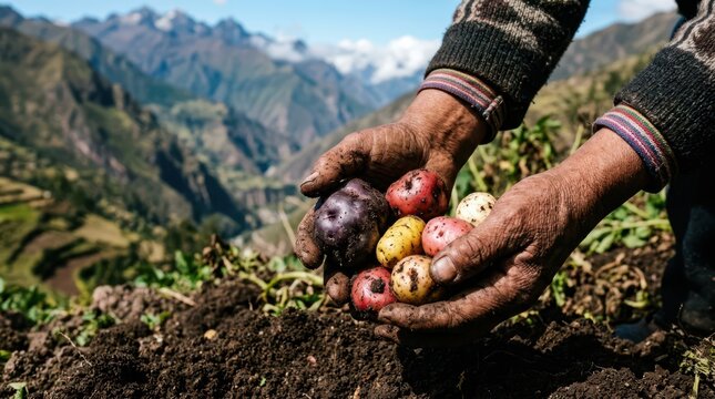 Close-up of native potato harvesting in the Peruvian Andes, showing soil-stained hands lifting a colorful variety of tubers.