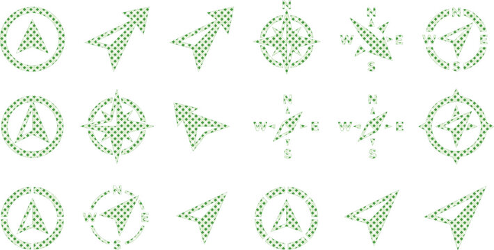 Green pixel art compass icons set, retro 8-bit navigation arrow symbols, 18 digital map pointer vector elements for gaming and interface design isolated on White Background