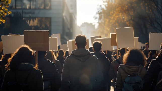 A tense moment during a city protest where a line of people with blank placards faces an unseen barrier or authority.