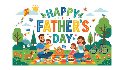 Naklejka premium Happy Father's Day: A vibrant illustration celebrates the special bond between a father and children with a delightful picnic scene. 