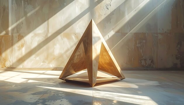 Golden triangle sculpture on floor.