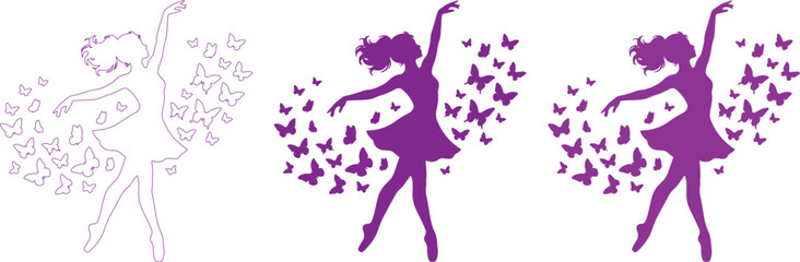 Purple ballerina silhouette with butterflies vector set, graceful dancing girl outlines, elegant female dancer figures for ballet and art projects isolated on White Background © noor