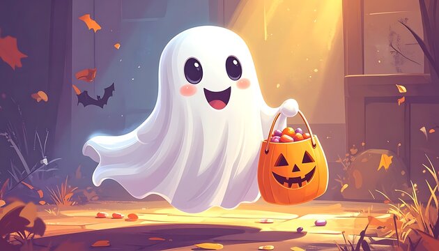 Happy ghost holding jack o lantern.