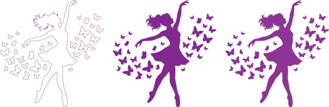 Purple ballerina silhouette with butterflies vector set, graceful dancing girl outlines, elegant female dancer figures for ballet and art projects isolated on White Background