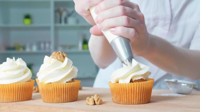 close up of female hands holding cupcake