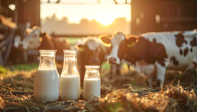 Milk bottles on hay with cows.