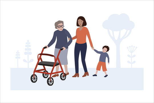 Multi generation family walking together in park with senior woman using rollator walker &ndash; caregiver support and family care illustration.