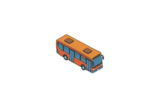 Isometric orange city bus driving across white background