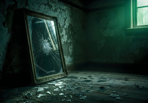 Broken mirror with shattered glass shards on floor in a dark, abandoned room