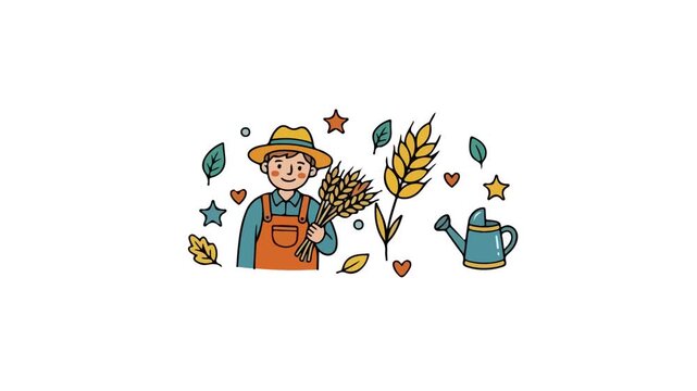 Happy young farmer holding wheat bundle with animated garden elements