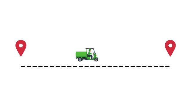 Green delivery tricycle moving between map pins on white background