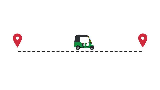 Animated tuk-tuk traveling between map location markers on white