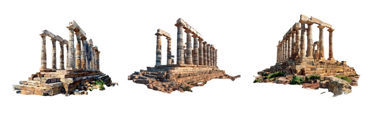 Fototapeta premium Multiple views of an ancient greek temple with weathered doric columns and stone steps, isolated on white to showcase classical ruins, history, and architectural detail