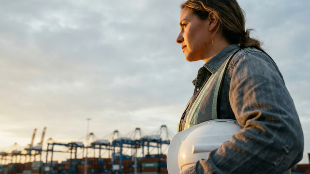 Female refinery oil tablet worker sunset port crane container yard helmet. Female refinery oil tablet, uniform worker gas engineer, professional safety energy woman industrial