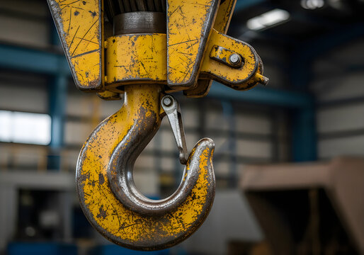 Heavy duty yellow crane hook with safety latch suspended in industrial warehouse setting