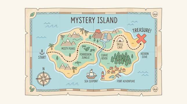 Folded treasure map with X marking a location on a mystery island