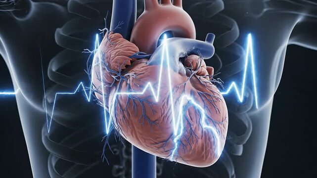 Dynamic 3D Rendering Of Human Heart With Electric Impulses And Animated Heartbeat Waveform Over Dark Anatomical Background Ideal For Medical Use
