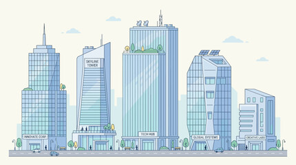 Obraz premium Vector illustration of modern city skyline with glass office buildings and skyscrapers
