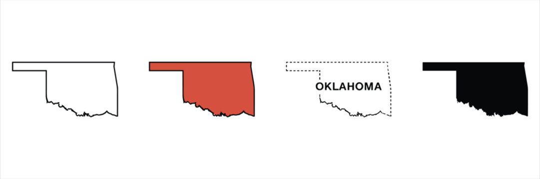 Four variations of the oklahoma state map outline, silhouette and labeled