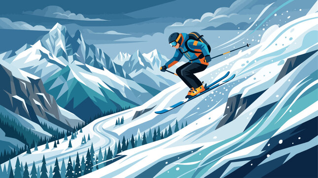 Skier in mid-air jump over snowy mountain slope with alpine peaks in background