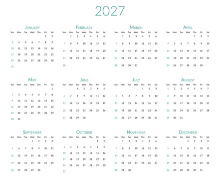 Calendar for the year 2027 with all 12 months and their respective days of the week