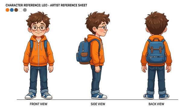 Cartoon boy character turnaround with backpack