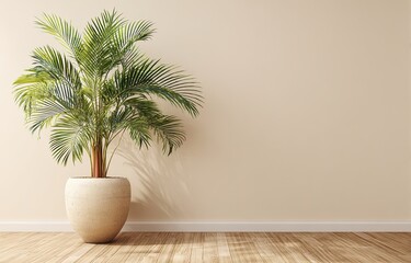 Fototapeta premium Tall potted palm plant in a beige ceramic pot next to a beige wall with wood floor