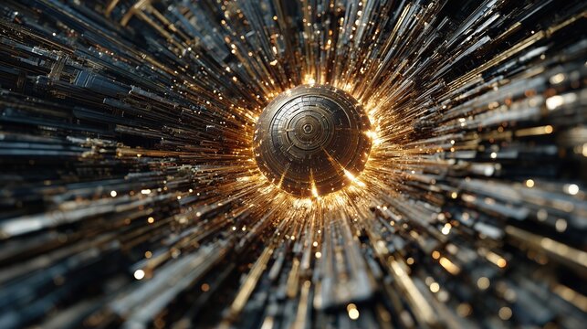 Detailed 3D illustration of a metallic technological sphere at the center of a data vortex with glowing sparks and light rays.