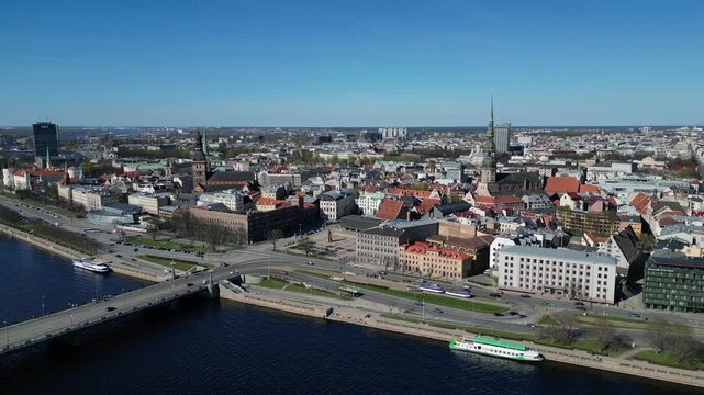 Aerial view of Riga, Latvia over river Daugava
