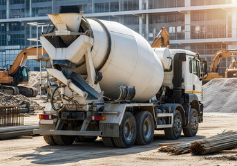 Naklejka premium White cement mixer truck parked at a construction site with heavy machinery
