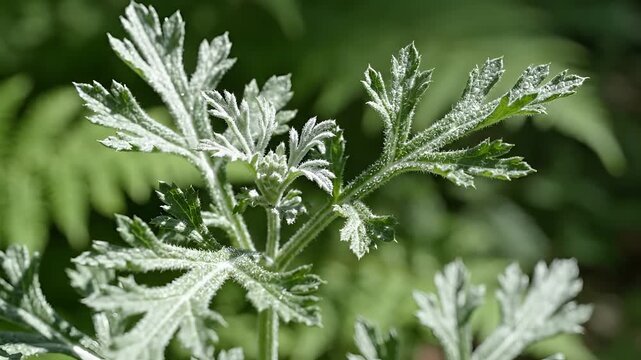 Closeup of Artemisia absinthium leaves with a blurred green background.