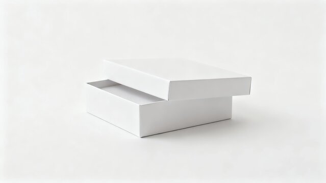 A plain white rigid gift box with lid slightly ajar sits centered on a bright white background with soft shadow.