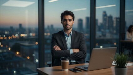 Fototapeta premium Confident businessman in modern office with city skyline background