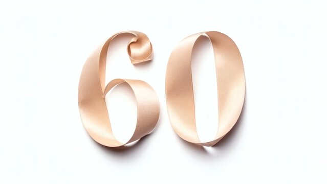 Elegant gold ribbon forming the number sixty on white background