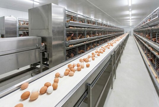 Long green conveyor belt transporting fresh chicken eggs in layer house