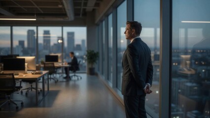 Fototapeta premium Executive standing in modern office with city skyline evening view