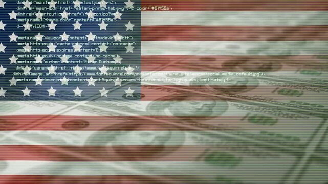 The US flag, dollars, and computer code. The concept of finance and digital currency. 4K