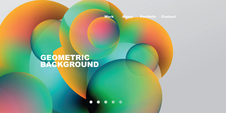Abstract colorful shapes overlap, creating dynamic visual effect. Text labels present work, about, portfolio, contact options.