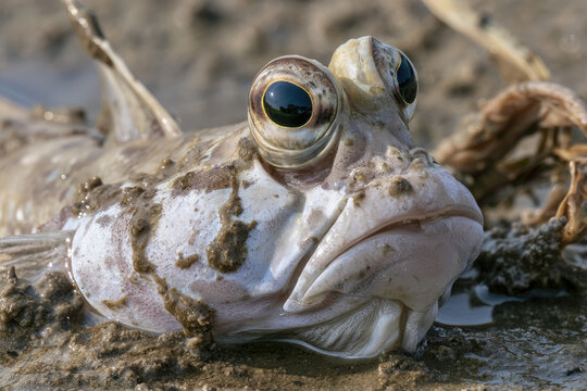 Extreme close up mudskipper on mud flat with wet mud splatter and bulging eye under harsh sunlight, gritty silt texture, slimy skin and organic debris